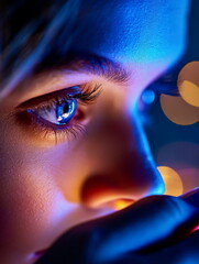 Wall Mural - Personâ€™s face close-up as they unlock a phone with facial recognition, illuminated by screen light