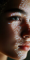 Wall Mural - Personâ€™s face illuminated by phone screen while using facial recognition, close-up