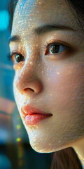 Wall Mural - Personâ€™s face illuminated by phone screen while using facial recognition, close-up