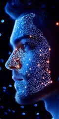 Wall Mural - Profile of man using facial recognition, face illuminated by screen, close-up