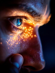 profile view of a person unlocking a phone with facial recognition, illuminated face