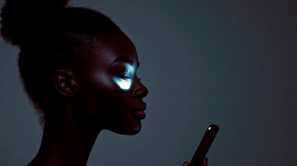 Wall Mural - Profile view of a person using facial recognition on their phone, screen glow illuminating their face