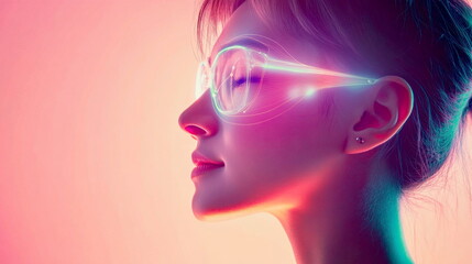 Wall Mural - Profile view of a person using facial recognition on their phone, screen glow illuminating their face