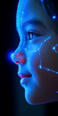 Wall Mural - Profile view of child unlocking a device with facial recognition, close-up on screen light