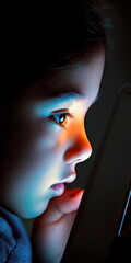 Wall Mural - Profile view of child unlocking a device with facial recognition, close-up on screen light