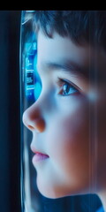 Wall Mural - Profile view of child unlocking a device with facial recognition, close-up on screen light