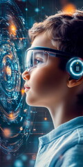 Wall Mural - Profile view of child unlocking a device with facial recognition, close-up on screen light