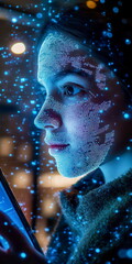 Wall Mural - Profile view of person using facial recognition on their phone, illuminated by screen