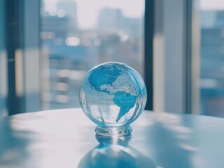 Poster - Clear glass globe depicting the world featuring blue oceans and green continents, standing on a bright table with blurred urban background, symbolizing global connectivity.