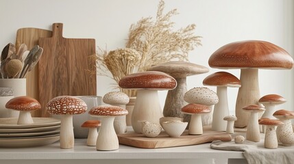 Wall Mural - A contemporary kitchen featuring an artistic collection of mushroom-shaped ceramic kitchenware and decor. 