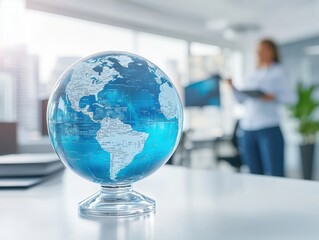 Poster - Detailed Focus on a Glass Globe Featuring the World Map, with a Professional Setting in the Background, Ideal for Concepts of Globalization and Business Planning
