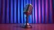 © AbstractAI - Classic microphone on a stage with a vibrant blue and purple draped backdrop, highlighting a polished surface and inviting atmosphere for performances.