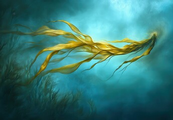 Poster - Ethereal Underwater Scene with Flowing Golden Algae in a Serene Aquatic Environment, Capturing the Wonders of Marine Life and Natural Beauty