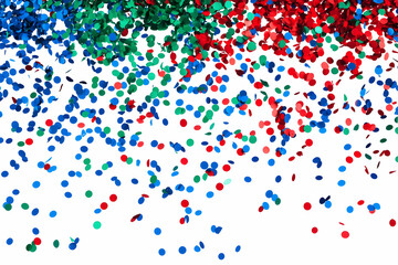 Poster - Confetti, in red, green, and blue colors, with a transparent background, in a PNG file format with white space in the middle for text.