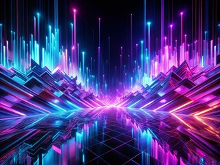 Poster - Mesmerizing 3D Extrusion Neon Light in Purple, Blue, and Pink Geometric Shapes on Black Background - Abstract Glitch Art for Trippy Digital Wallpaper in Metaverse Space
