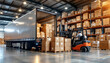 © abu - A semi truck at a warehouse, forklift loading boxes, organized and efficient setting.