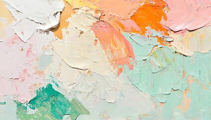 Poster - An abstract oil painting featuring mint green, pink, and orange shapes on an ombre background, captured in close-up. 