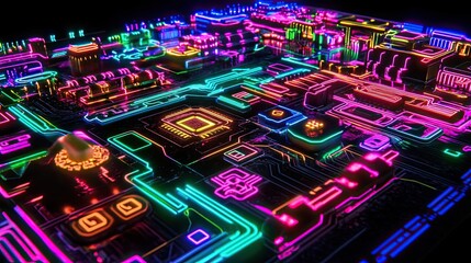 Poster - Neon Illuminated Computer Motherboard Circuitry Design