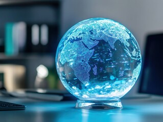 Poster - Illuminated Digital Globe Displaying World Map with High-Tech Design in Modern Office Environment Highlighting Global Connectivity and Technological Progress