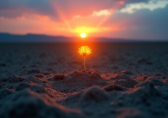 Wall Mural - Sunrise illuminating a small plant emerging from the ground in a remote landscape