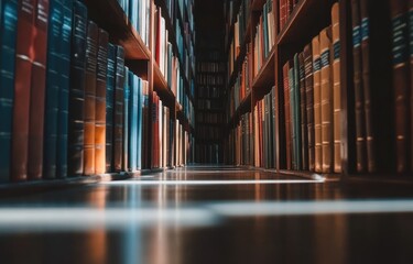 Poster - Serene Library Pathway Surrounded by Colorful Bookshelves and Natural Light, Creating a Calm and Inviting Study Environment for Readers and Scholars