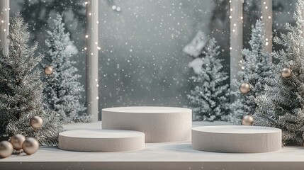Poster - Product mockup scene for the winter holiday. Festive background with empty podium. 