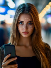 Wall Mural - Woman unlocking her phone with facial recognition in a busy area, close-up on secure access