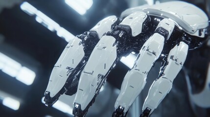 Poster - Futuristic robotic hand showcasing intricate mechanics and sophisticated technology in a modern laboratory environment emphasizing innovation and artificial intelligence.
