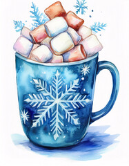 Wall Mural - A blue mug with a snowflake design filled with hot chocolate and marshmallows