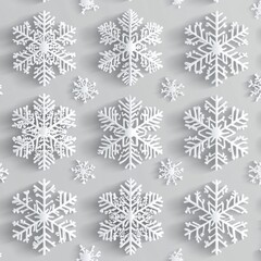 Poster - A beautiful arrangement of white snowflakes on a soft gray background, creating a serene winter atmosphere.