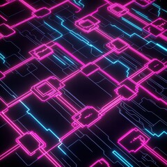 Poster - Abstract neon circuit design with glowing pink and blue lines on a dark background, showcasing digital technology.