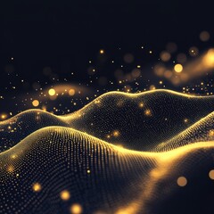 Poster - Abstract digital landscape with glowing golden particles creating a wavy texture, evoking a sense of depth and wonder.