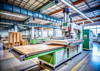 Poster - Modern CNC Woodworking Machine in Action: Advanced Technology for Precision Wood Processing and Cutting in Industrial Settings with a Focus on Efficiency and Quality