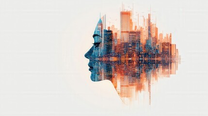 Poster - A creative composition illustrating the blend of human emotions and urban landscapes, depicting the harmony between personal thoughts and city life.