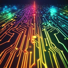 Poster - A vibrant, multicolored digital circuit board glowing in a gradient of colors, symbolizing technology and innovation.