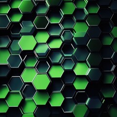 Poster - A vibrant abstract pattern of intertwined hexagons in shades of green and black, creating a dynamic visual effect.
