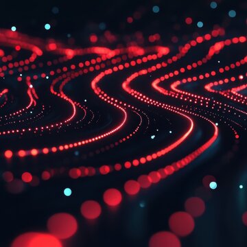 Abstract image of dynamic red and blue light waves reminiscent of digital data flow.