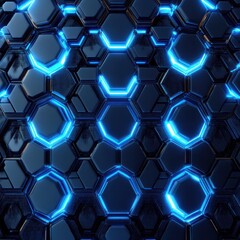 Poster - Abstract blue neon hexagonal pattern illuminating a dark surface, creating a futuristic and technological atmosphere.