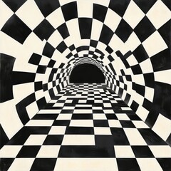 Poster - A mesmerizing black and white checkered tunnel creating an optical illusion effect.