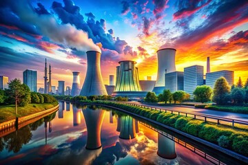 Aufkleber - Modern Illustration of a Nuclear Power Plant Showcasing Urban Exploration Photography with Futuristic Elements and Dynamic Lighting in a Cityscape Setting