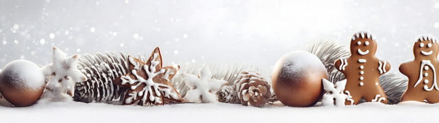 Wall Mural - burning christmas candles, gingerbread pieces and cones on snow covered ground and abstraqct backgro