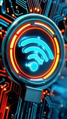 Aufkleber - glowing wifi icon on futuristic circuit board technology connectivity digital innovation vertical format smooth 4k video motion footage