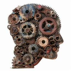 Poster - Human head silhouette filled with rusty gears and cogs on white background