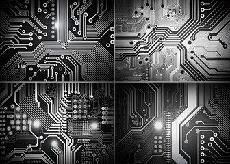 Poster - Monochrome Electronic Patterns Featuring Circuit Board Textures for High-Tech Designs and Cyber Aesthetics in Minimalist Style