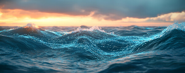 Poster - digital network across ocean waves sunset sky