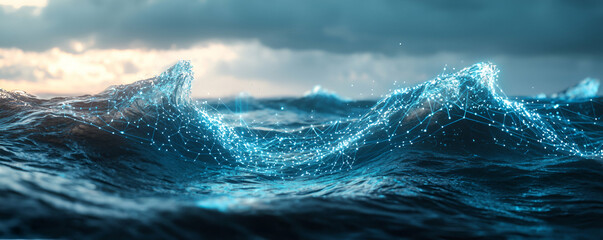 Poster - digital network over ocean waves abstract art
