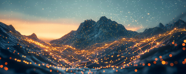 Poster - Illuminated Network Over Mountainous Landscape At Sunset
