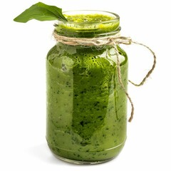 Wall Mural - Green smoothie with spinach in a jar decorated with twine and leaf