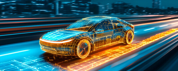 Poster - Futuristic Electric Car Speeding Through Cityscape At Night