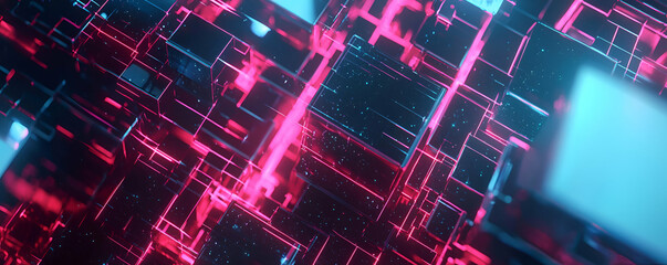 Poster - abstract neon cubes glowing pink and blue lines